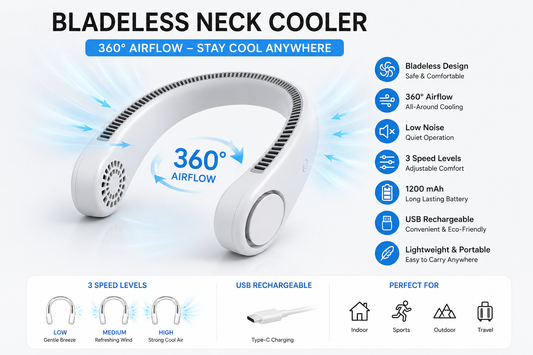 Bladeless Neck Cooler Fan – Portable 360° Hands-Free USB Rechargeable Cooling Fan