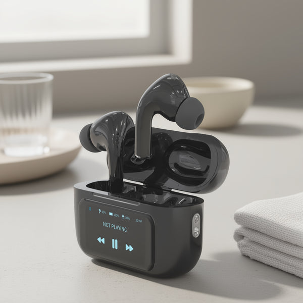 A9 Pro ANC Earbuds – Touch Screen Case, 40hr Battery | Zintero Pakistan