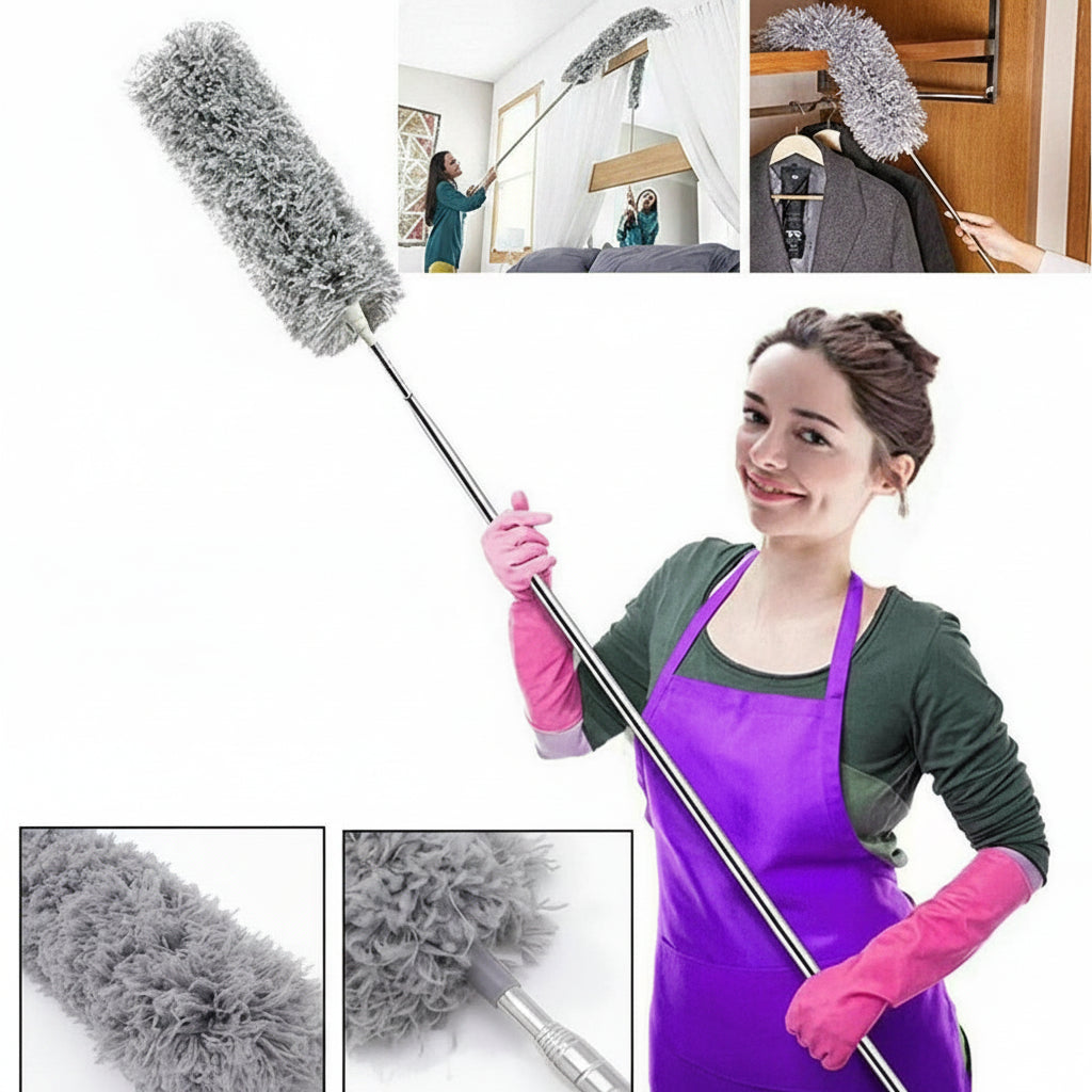 Microfiber Gray Fan Duster – Extendable Stainless Steel Long Pole & Bendable Washable Cleaning Brush