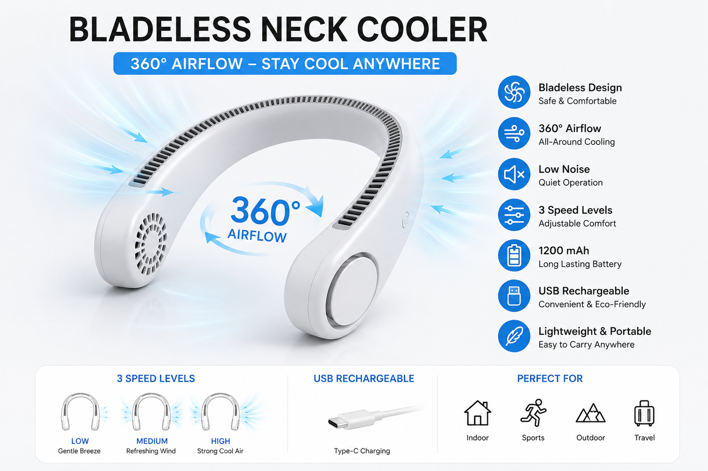 Bladeless Neck Cooler Fan – Portable 360° Hands-Free USB Rechargeable Cooling Fan
