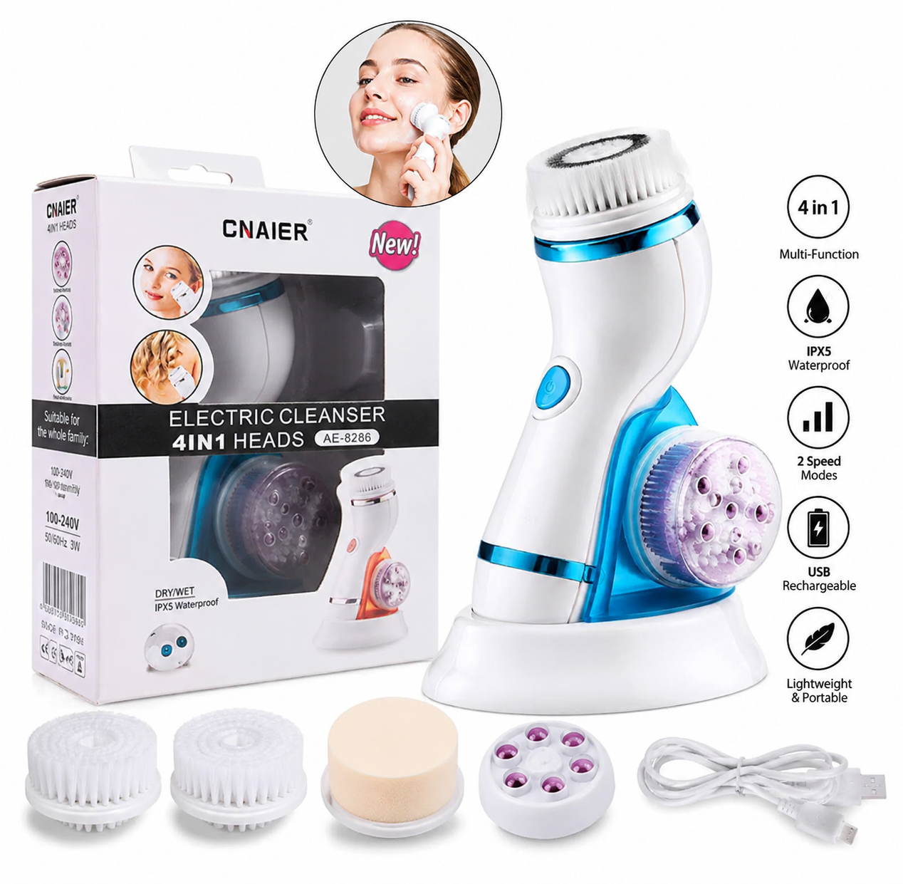 Cnaier 4 in 1 Electric Facial Cleanser & Massager (AE-8286) | Rechargeable Face Scrubber & Blackhead Remover | Best Price in Pakistan