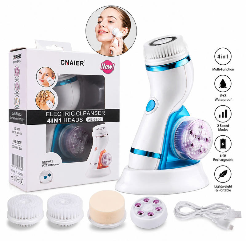 Cnaier 4 in 1 Electric Facial Cleanser & Massager (AE-8286) | Rechargeable Face Scrubber & Blackhead Remover | Best Price in Pakistan