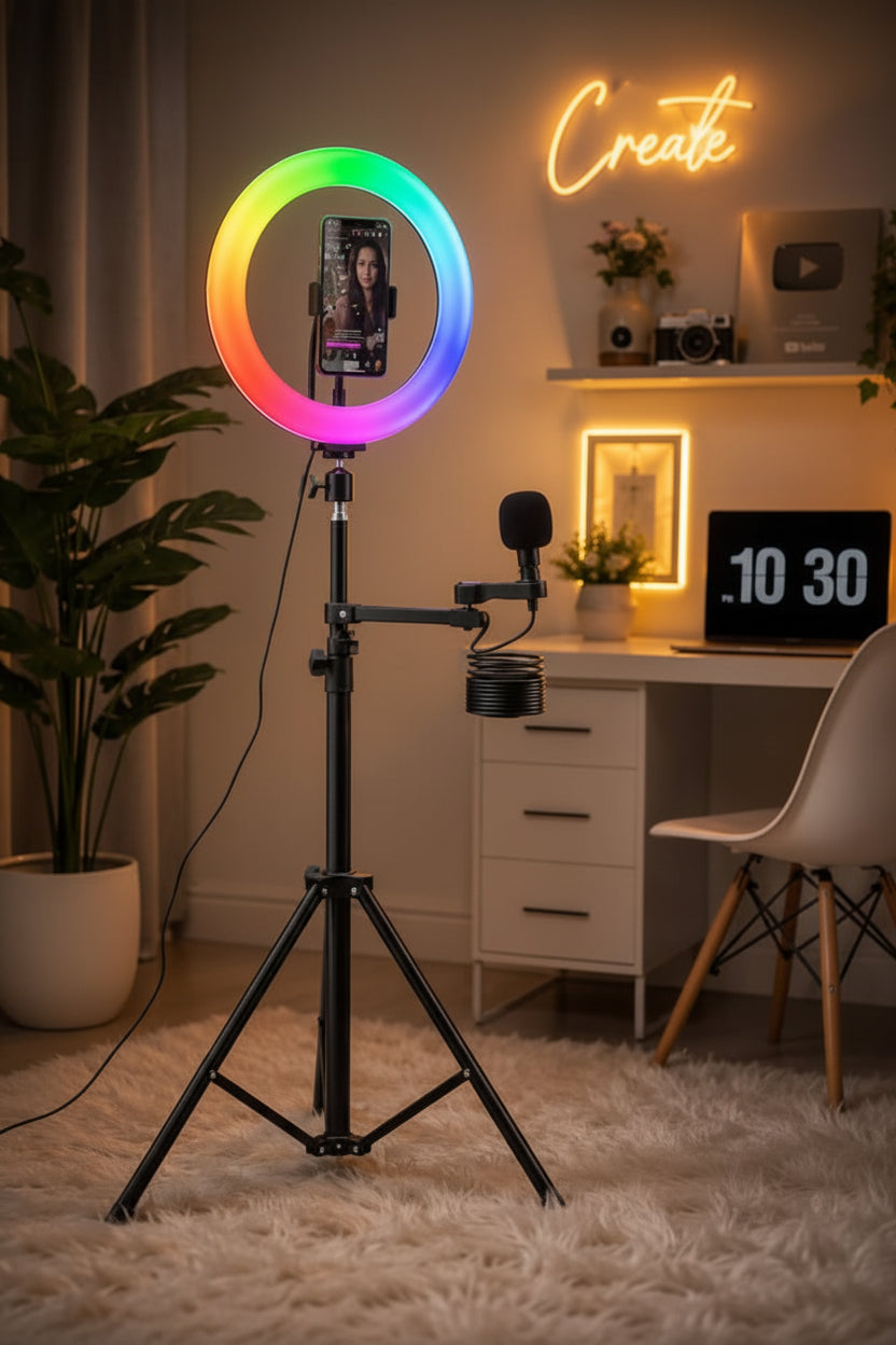 RGB Ring Light 26CM MJ26 with 7-Feet Adjustable Tripod Stand & Mobile Holder | Professional Multi-Color LED Ring Light for TikTok, YouTube, Makeup, Vlogging & Reels | Best Sasta Ring Light Price in Pakistan