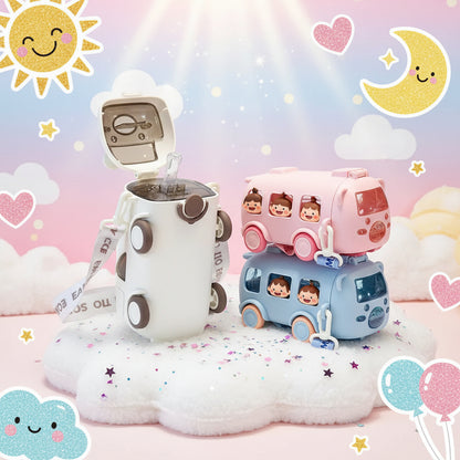Imported 600ml Bus Water Bottle | Kids Cute Bus Shape | Strap, Sipper & Straw | Leakproof BPA Free (Random Colour)