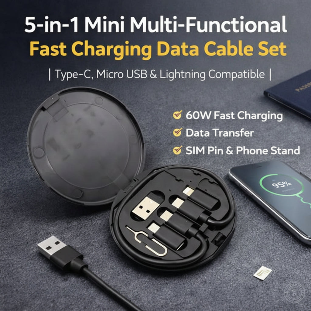 5 in 1 Fast Charging Cable 60W – Type-C, Lightning & Micro USB | Universal | Pakistan