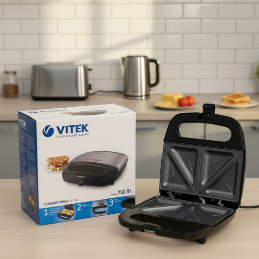 Vitek VT‑7147 Sandwich Maker | 750W | Non-Stick Plates | 4 Triangular Toasts | Compact & Safe Design