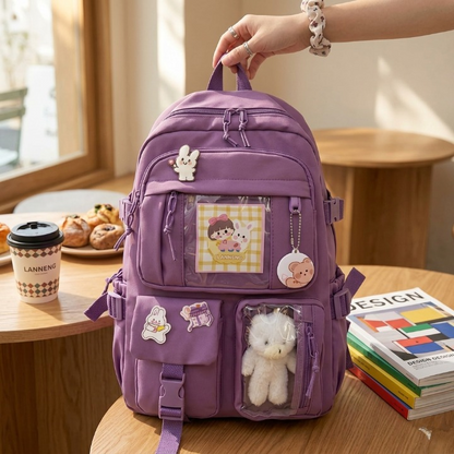 Cute Aesthetic Korean Backpack for Girls | Multi-Pocket Canvas School & College Bag | Premium Student Backpack
