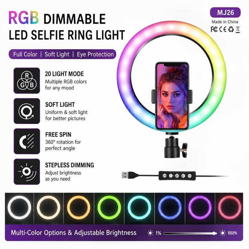 RGB Ring Light 26CM MJ26 with 7-Feet Adjustable Tripod Stand & Mobile Holder | Professional Multi-Color LED Ring Light for TikTok, YouTube, Makeup, Vlogging & Reels | Best Sasta Ring Light Price in Pakistan