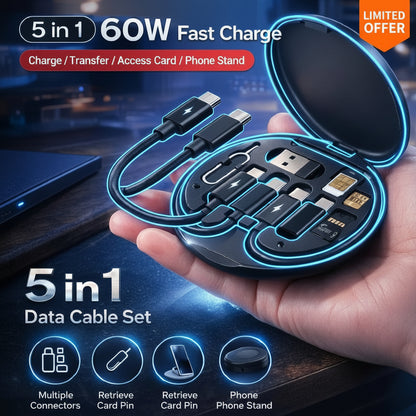 5 in 1 Fast Charging Cable 60W – Multi USB Universal Charger for Android & iPhone (Type-C, Lightning, Micro USB)